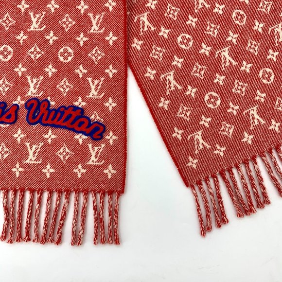 Louis Vuitton Red Monogram Logo Wool & Silk Fringed Scarf Reversible Design - Picture 5 of 9